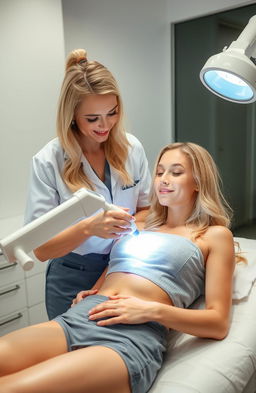 A blonde girl in a medical uniform performing laser hair removal on another girl