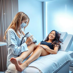 A blonde girl in a medical uniform performing laser hair removal on the legs of a brunette girl