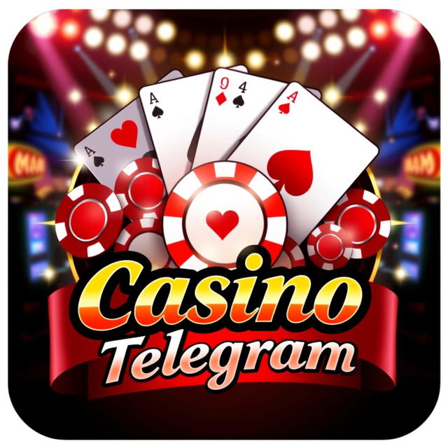 A logo design for a Telegram channel focused on casinos, featuring iconic casino elements like playing cards, poker chips, and slot machines