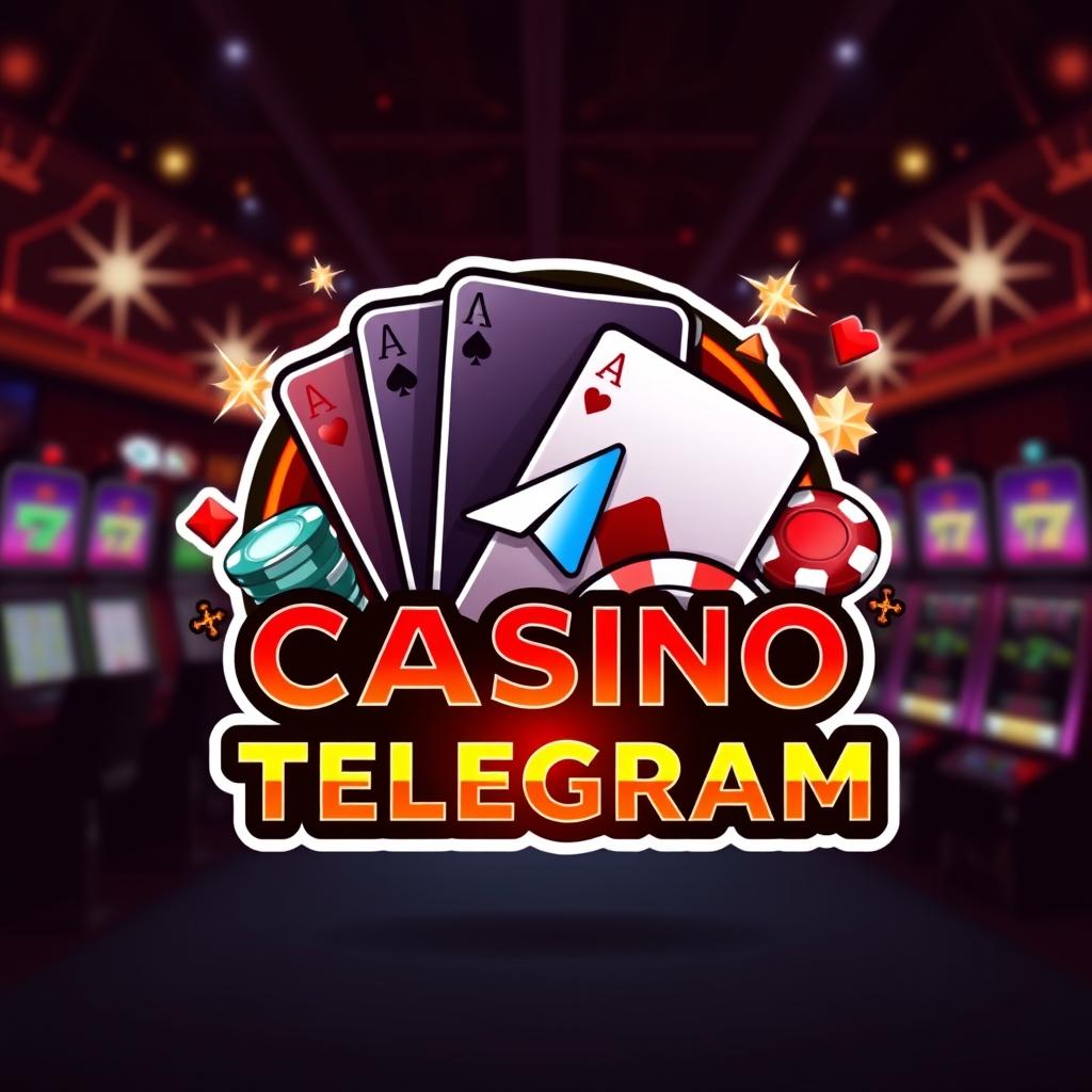 A logo design for a Telegram channel focused on casinos, featuring iconic casino elements like playing cards, poker chips, and slot machines