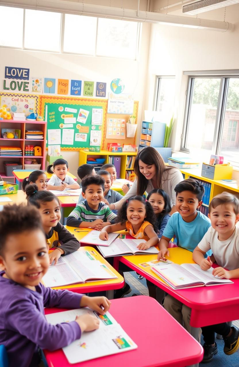 A vibrant classroom setting where children are actively engaged in learning