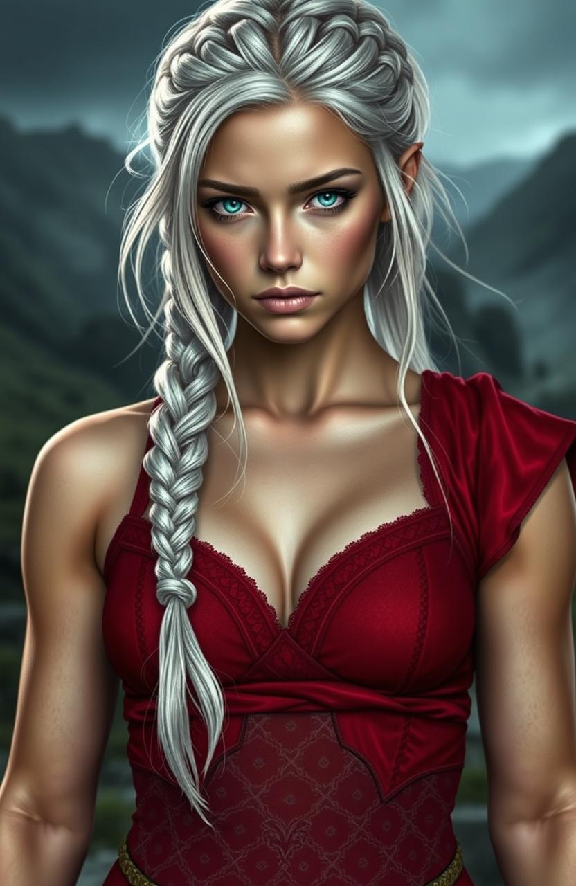 An 18-year-old female character with light platinum hair featuring faint hints of silver, styled in a braid tied back in a Viking fashion