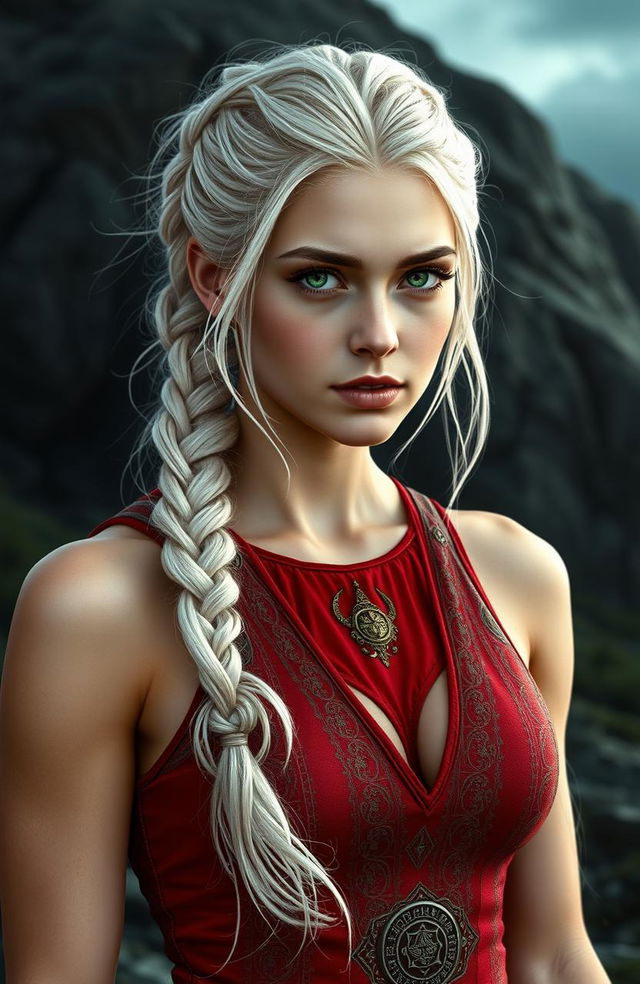 An 18-year-old female character with light platinum hair featuring faint hints of silver, styled in a braid tied back in a Viking fashion