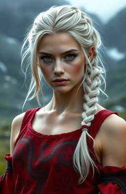 An 18-year-old female character with light platinum hair featuring faint hints of silver, styled in a braid tied back in a Viking fashion
