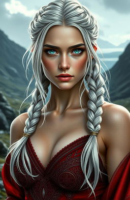An 18-year-old female character with light platinum hair featuring faint hints of silver, styled in a braid tied back in a Viking fashion