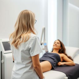 A blonde girl in a medical uniform stands with her back facing us as she performs laser hair removal on the legs of a brunette girl