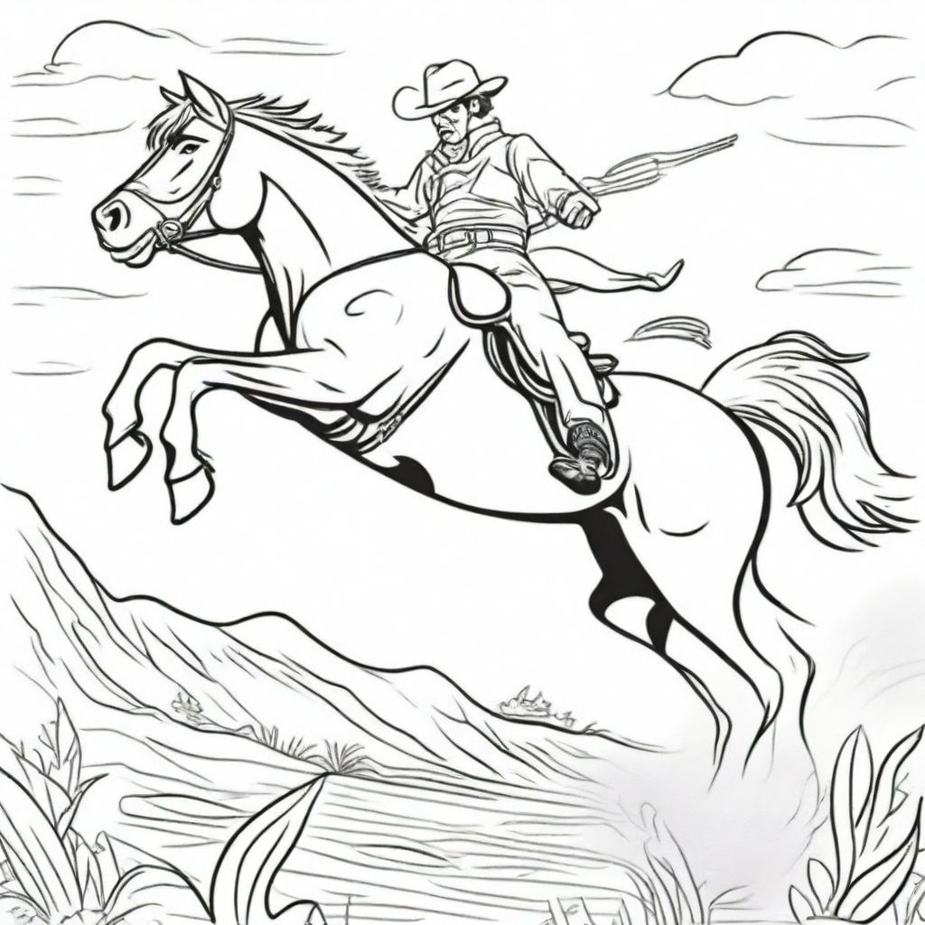 An action-packed colouring book page featuring a daring cowboy astride a speeding horse, kicking up dust.