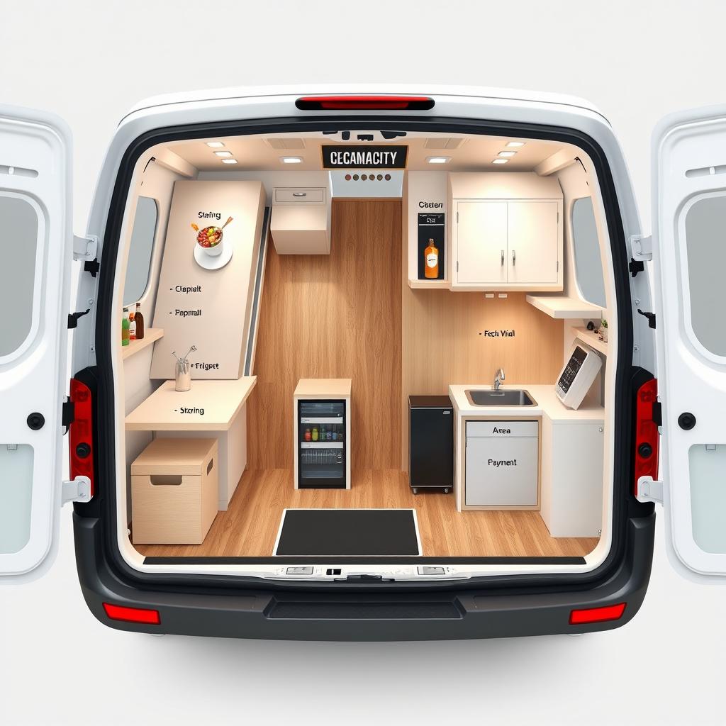 A 3D floor plan design of a cocktail vending minivan