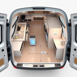 A 3D floor plan design of a cocktail vending minivan