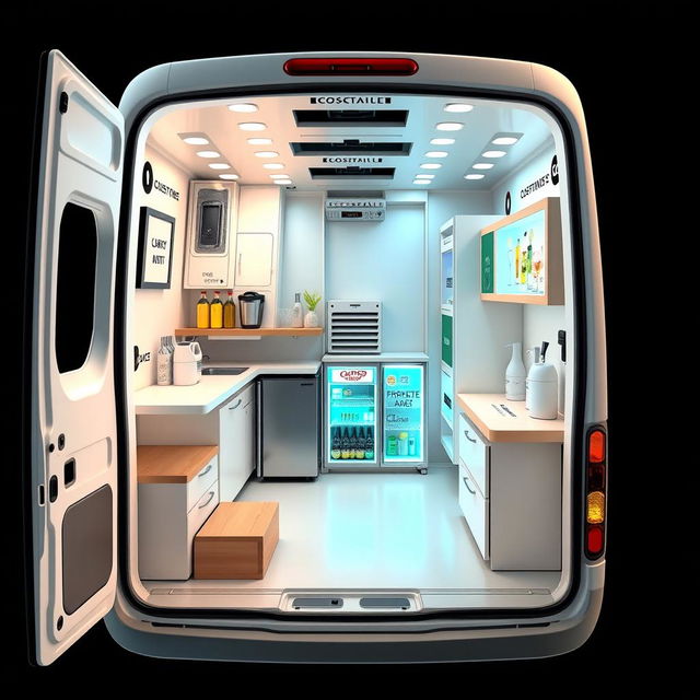 A 3D floor plan design of a cocktail vending minivan