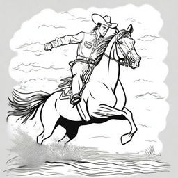 An action-packed colouring book page featuring a daring cowboy astride a speeding horse, kicking up dust.