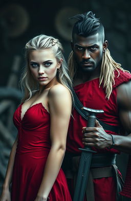 A striking scene featuring an 18-year-old woman with light platinum hair, showcasing faint hints of silver, styled in a Viking braid or tied back