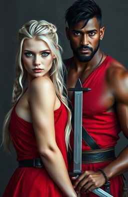 A striking scene featuring an 18-year-old woman with light platinum hair, showcasing faint hints of silver, styled in a Viking braid or tied back