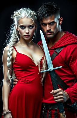 A striking scene featuring an 18-year-old woman with light platinum hair, showcasing faint hints of silver, styled in a Viking braid or tied back