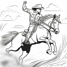 An action-packed colouring book page featuring a daring cowboy astride a speeding horse, kicking up dust.