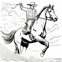 An action-packed colouring book page featuring a daring cowboy astride a speeding horse, kicking up dust.