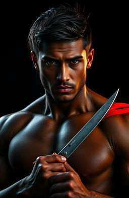 A 26-year-old man with deep, rich dark skin stands confidently, showcasing his sharply defined and chiseled features, almost sculptural in quality