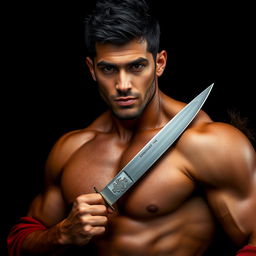A 26-year-old man with deep, rich olive skin stands confidently, showcasing his sharply defined and chiseled features, almost sculptural in quality
