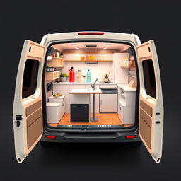 3D blueprint of a cocktail-selling minivan, featuring a spacious cocktail preparation area with a bar setup, including a cocktail shaker, mixers, and a fruit garnish station