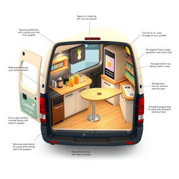 3D blueprint of a cocktail-selling minivan, featuring a spacious cocktail preparation area with a bar setup, including a cocktail shaker, mixers, and a fruit garnish station