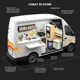 3D blueprint of a cocktail-selling minivan, featuring a spacious cocktail preparation area with a bar setup, including a cocktail shaker, mixers, and a fruit garnish station