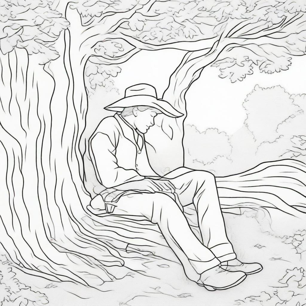 A serene colouring book page showcasing a cowboy taking a peaceful nap under a shady tree after a long day's ride.