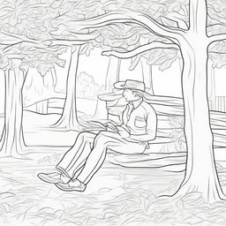 A serene colouring book page showcasing a cowboy taking a peaceful nap under a shady tree after a long day's ride.