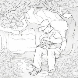 A serene colouring book page showcasing a cowboy taking a peaceful nap under a shady tree after a long day's ride.