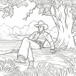 A serene colouring book page showcasing a cowboy taking a peaceful nap under a shady tree after a long day's ride.