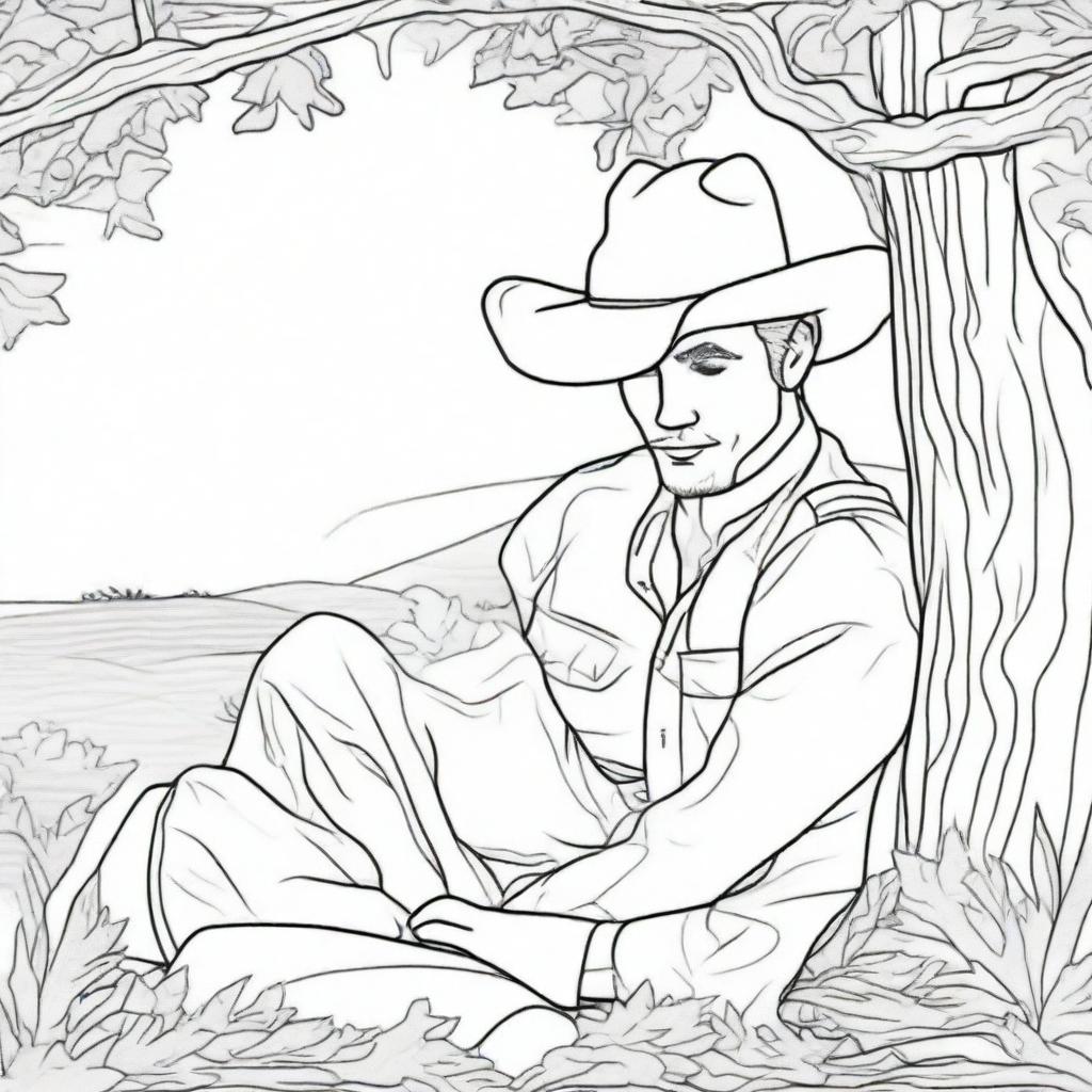 A tranquil colouring book page showing a cowboy leaning against a tree, hat over his face, enjoying a well-deserved rest.