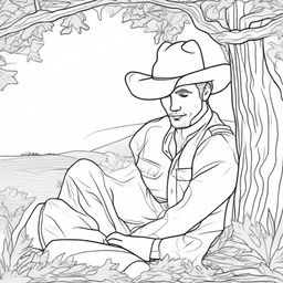 A tranquil colouring book page showing a cowboy leaning against a tree, hat over his face, enjoying a well-deserved rest.