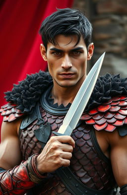 A 26-year-old man with deep, rich olive skin, showcasing sharp, defined, and chiseled features that resemble sculptural quality