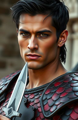 A 26-year-old man with deep, rich olive skin, showcasing sharp, defined, and chiseled features that resemble sculptural quality