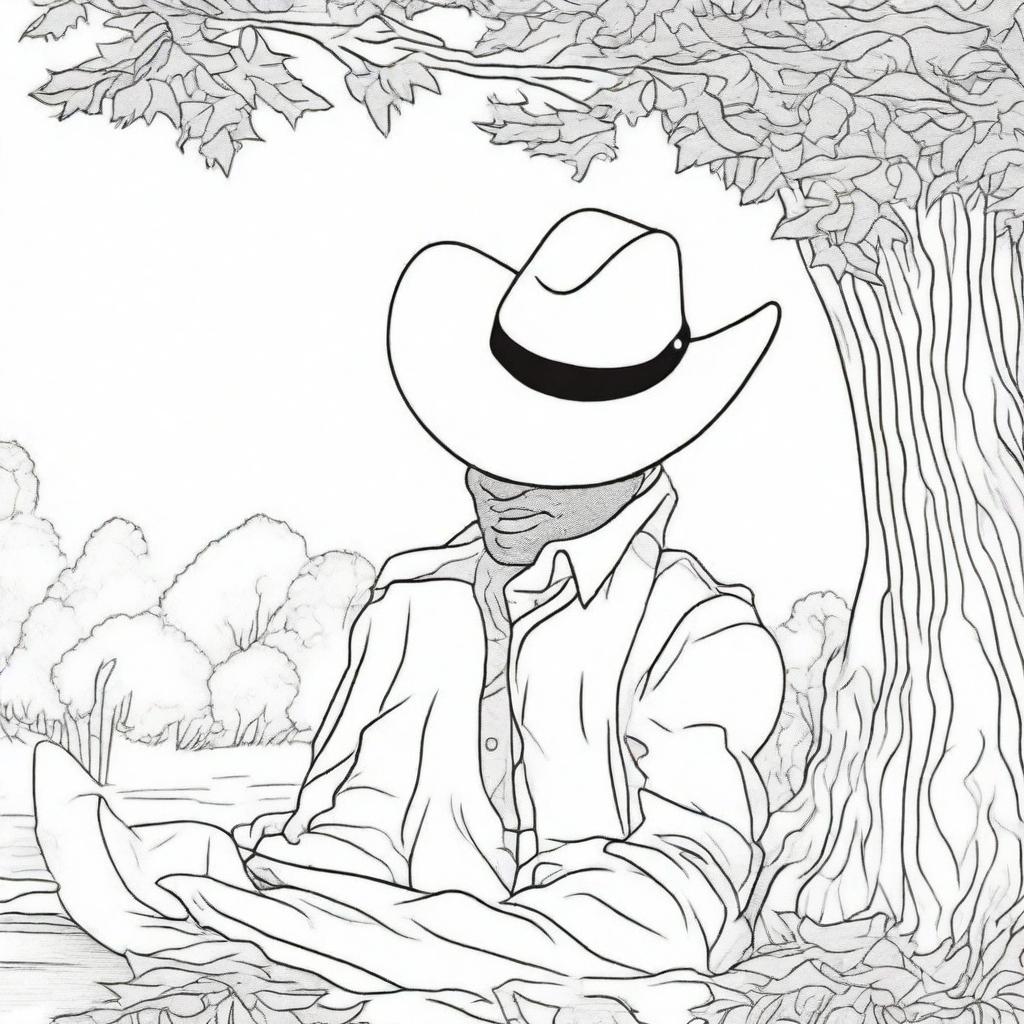 A tranquil colouring book page showing a cowboy leaning against a tree, hat over his face, enjoying a well-deserved rest.