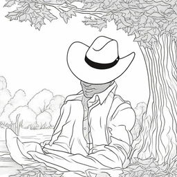 A tranquil colouring book page showing a cowboy leaning against a tree, hat over his face, enjoying a well-deserved rest.