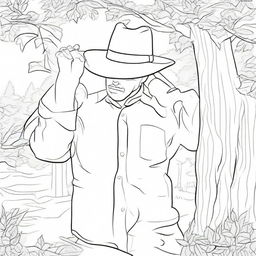 A tranquil colouring book page showing a cowboy leaning against a tree, hat over his face, enjoying a well-deserved rest.