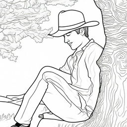 A tranquil colouring book page showing a cowboy leaning against a tree, hat over his face, enjoying a well-deserved rest.