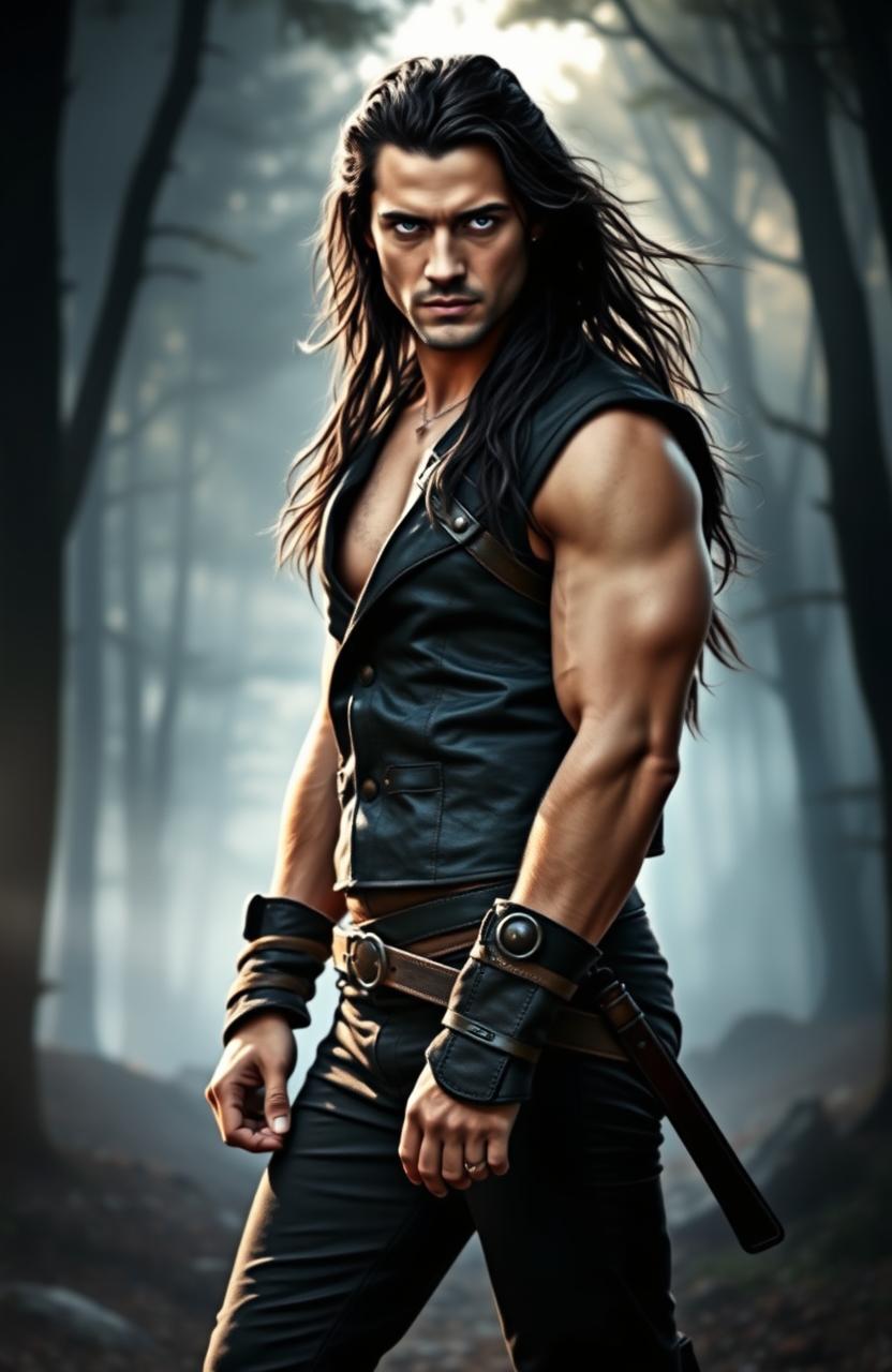 A younger version of Damon Salvatore with a Viking build, showcasing a strong and muscular physique