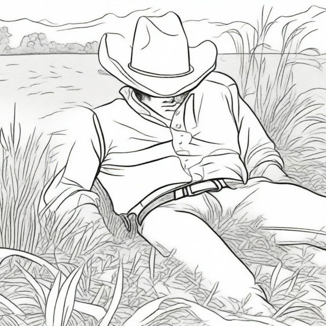 A peaceful colouring book page that depicts a cowboy lying on soft, lush grass, resting after a day of hard work.