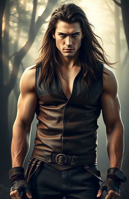 A younger version of Damon Salvatore with a Viking build, showcasing a strong and muscular physique
