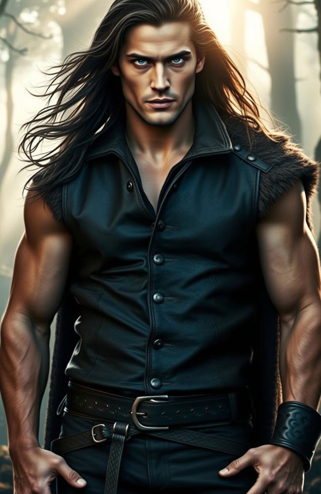 A younger version of Damon Salvatore with a Viking build, showcasing a strong and muscular physique