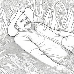 A peaceful colouring book page that depicts a cowboy lying on soft, lush grass, resting after a day of hard work.