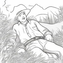 A peaceful colouring book page that depicts a cowboy lying on soft, lush grass, resting after a day of hard work.