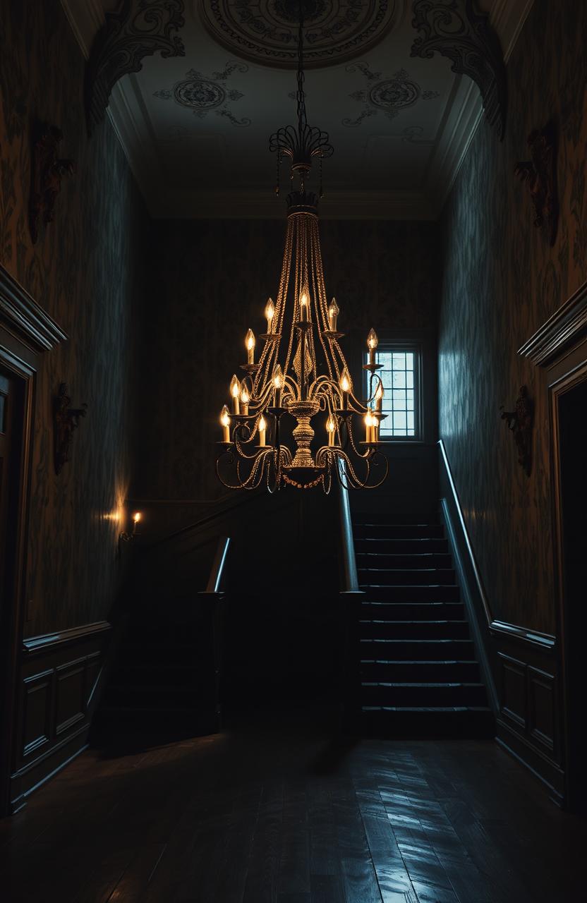 A stunning portrait of a beautiful yet eerie old mansion hall, characterized by its dark and gloomy atmosphere that is contrasted by glimmering highlights