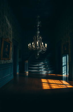 A stunning portrait of a beautiful yet eerie old mansion hall, characterized by its dark and gloomy atmosphere that is contrasted by glimmering highlights