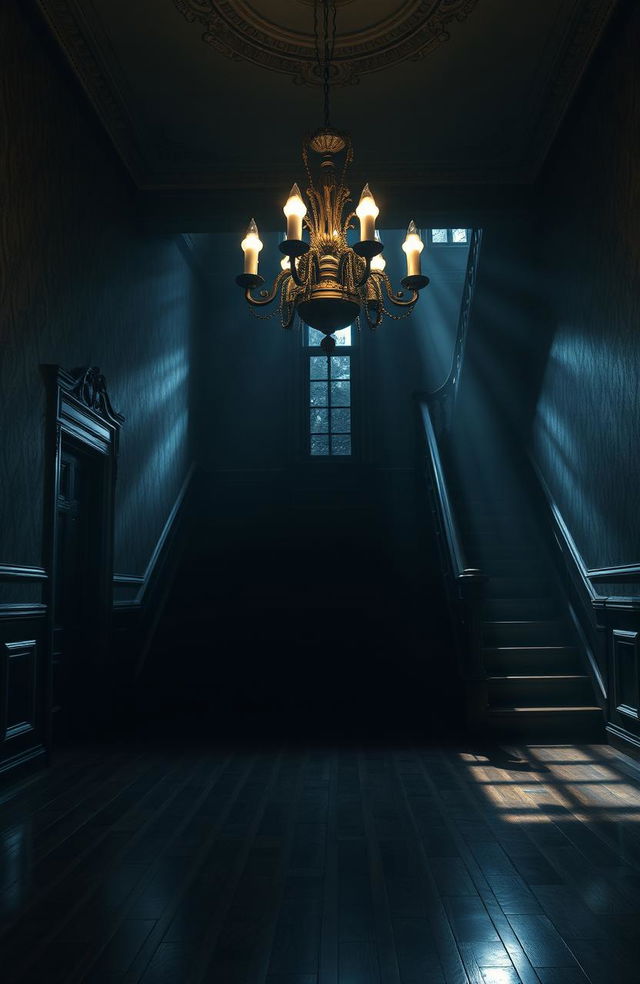 A stunning portrait of a beautiful yet eerie old mansion hall, characterized by its dark and gloomy atmosphere that is contrasted by glimmering highlights