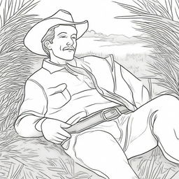 A peaceful colouring book page that depicts a cowboy lying on soft, lush grass, resting after a day of hard work.