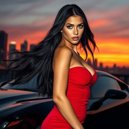 A stunning, alluring woman with long flowing black hair, wearing a sexy red dress that hugs her curves, striking a confident pose against a luxurious city skyline at sunset