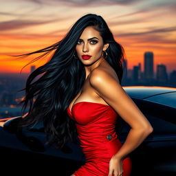 A stunning, alluring woman with long flowing black hair, wearing a sexy red dress that hugs her curves, striking a confident pose against a luxurious city skyline at sunset