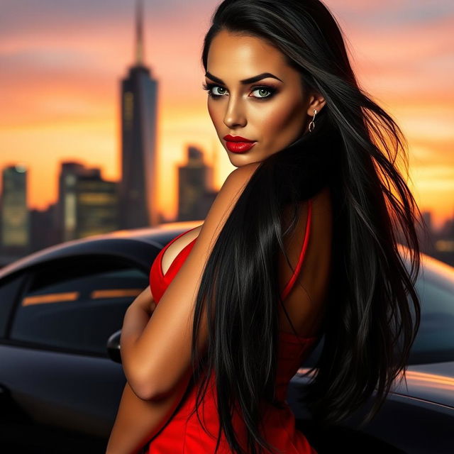 A stunning, alluring woman with long flowing black hair, wearing a sexy red dress that hugs her curves, striking a confident pose against a luxurious city skyline at sunset